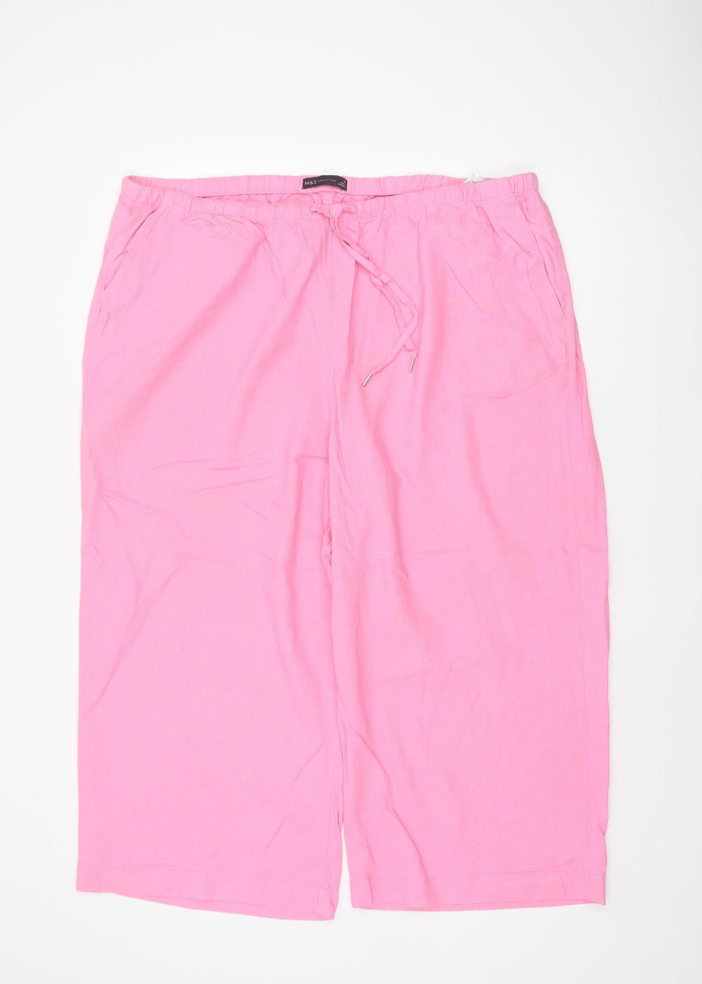 Marks and Spencer Women Pink Size 22 Linen Blend Cropped Wide-Leg Trousers