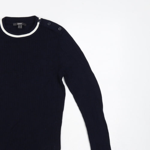 Esprit Women Blue M Rib Knit Crew Neck Button Shoulder Jumper