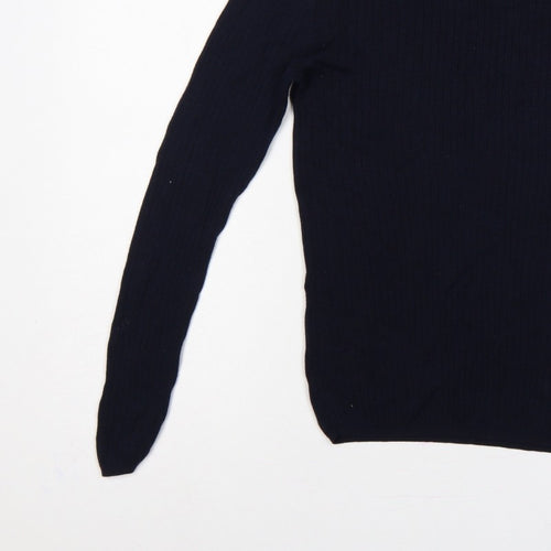 Esprit Women Blue M Rib Knit Crew Neck Button Shoulder Jumper