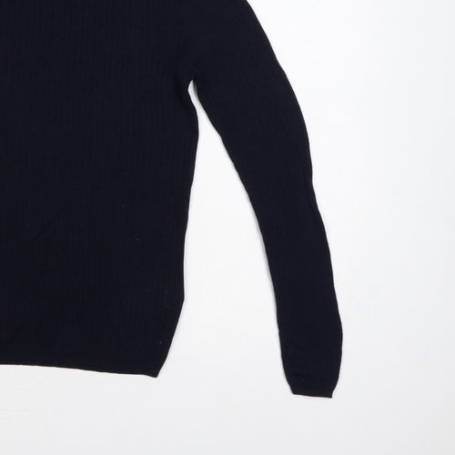 Esprit Women Blue M Rib Knit Crew Neck Button Shoulder Jumper