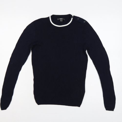 Esprit Women Blue M Rib Knit Crew Neck Button Shoulder Jumper