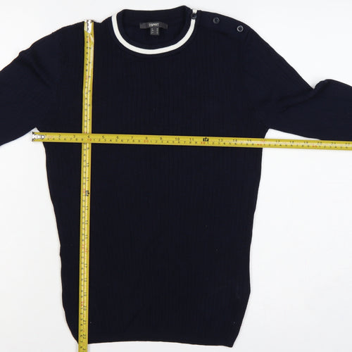 Esprit Women Blue M Rib Knit Crew Neck Button Shoulder Jumper