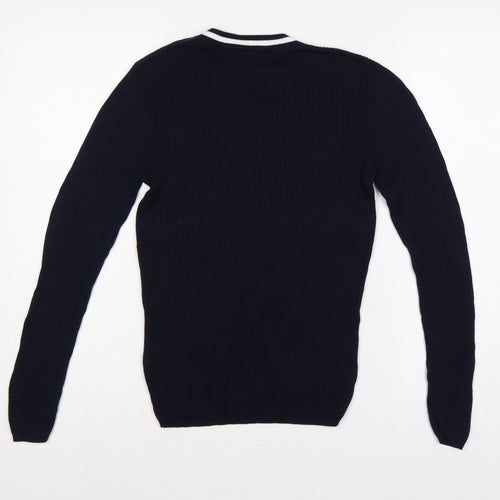 Esprit Women Blue M Rib Knit Crew Neck Button Shoulder Jumper