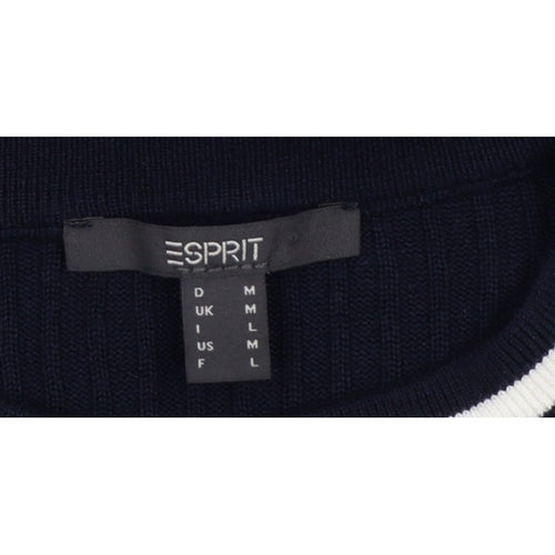 Esprit Women Blue M Rib Knit Crew Neck Button Shoulder Jumper