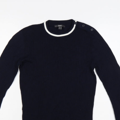 Esprit Women Blue M Rib Knit Crew Neck Button Shoulder Jumper