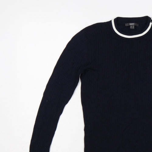 Esprit Women Blue M Rib Knit Crew Neck Button Shoulder Jumper