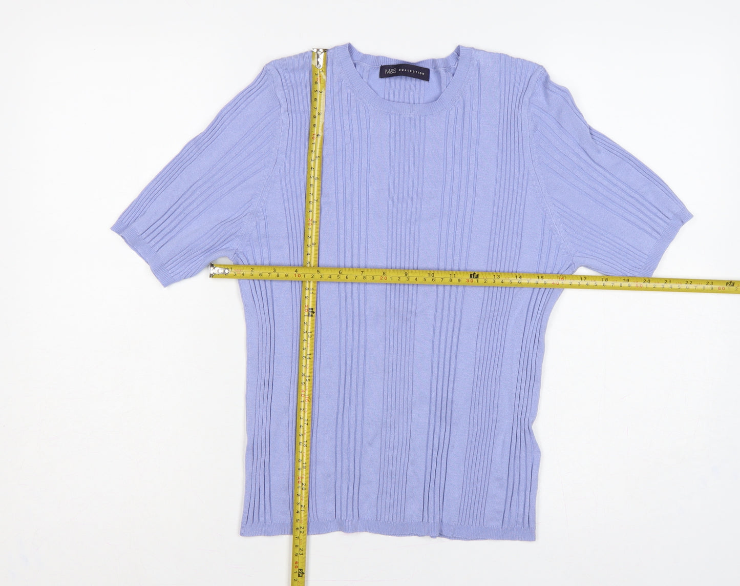Marks and Spencer Women Blue UK 16 Ribbed Knit Short Sleeve Jumper