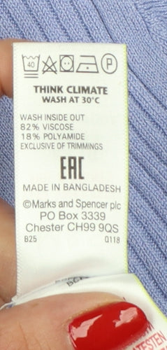 Marks and Spencer Women Blue UK 16 Ribbed Knit Short Sleeve Jumper
