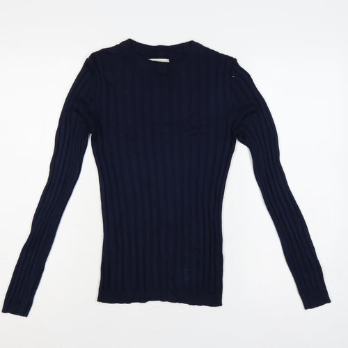 River Island Women Blue 2XS Ribbed Crew Neck Slim Knit Jumper