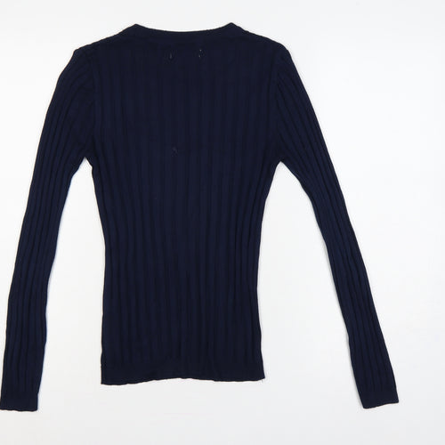 River Island Women Blue 2XS Ribbed Crew Neck Slim Knit Jumper