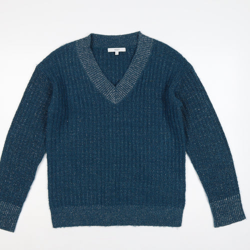 Next Women Blue XS V-Neck Metallic Knit Long Sleeve Pullover Jumper