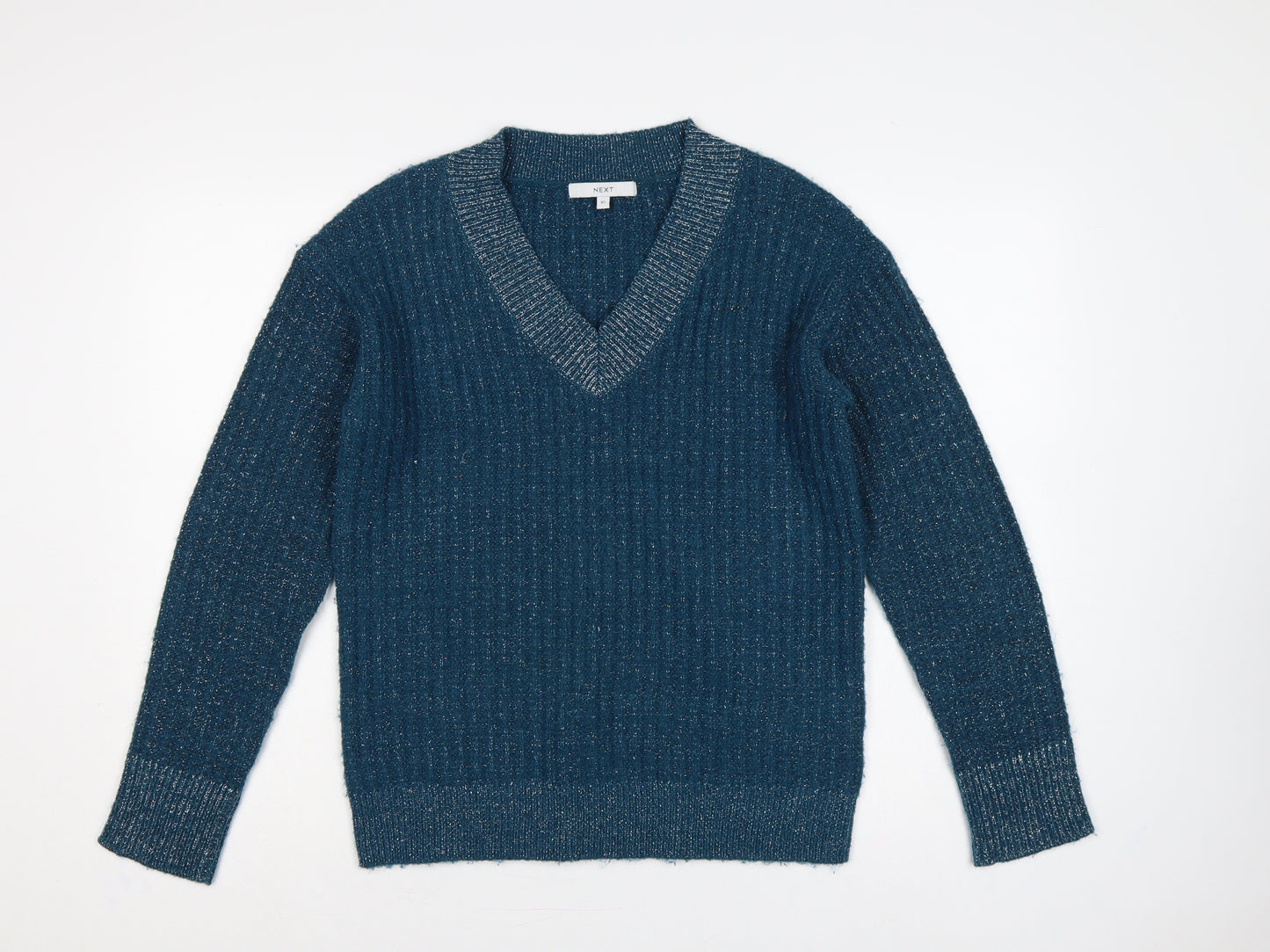 Next Women Blue XS V-Neck Metallic Knit Long Sleeve Pullover Jumper