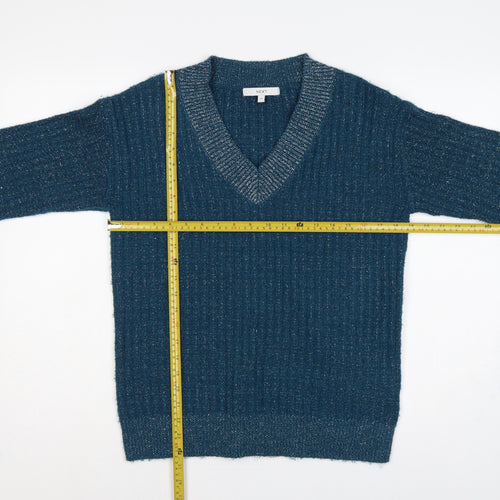Next Women Blue XS V-Neck Metallic Knit Long Sleeve Pullover Jumper