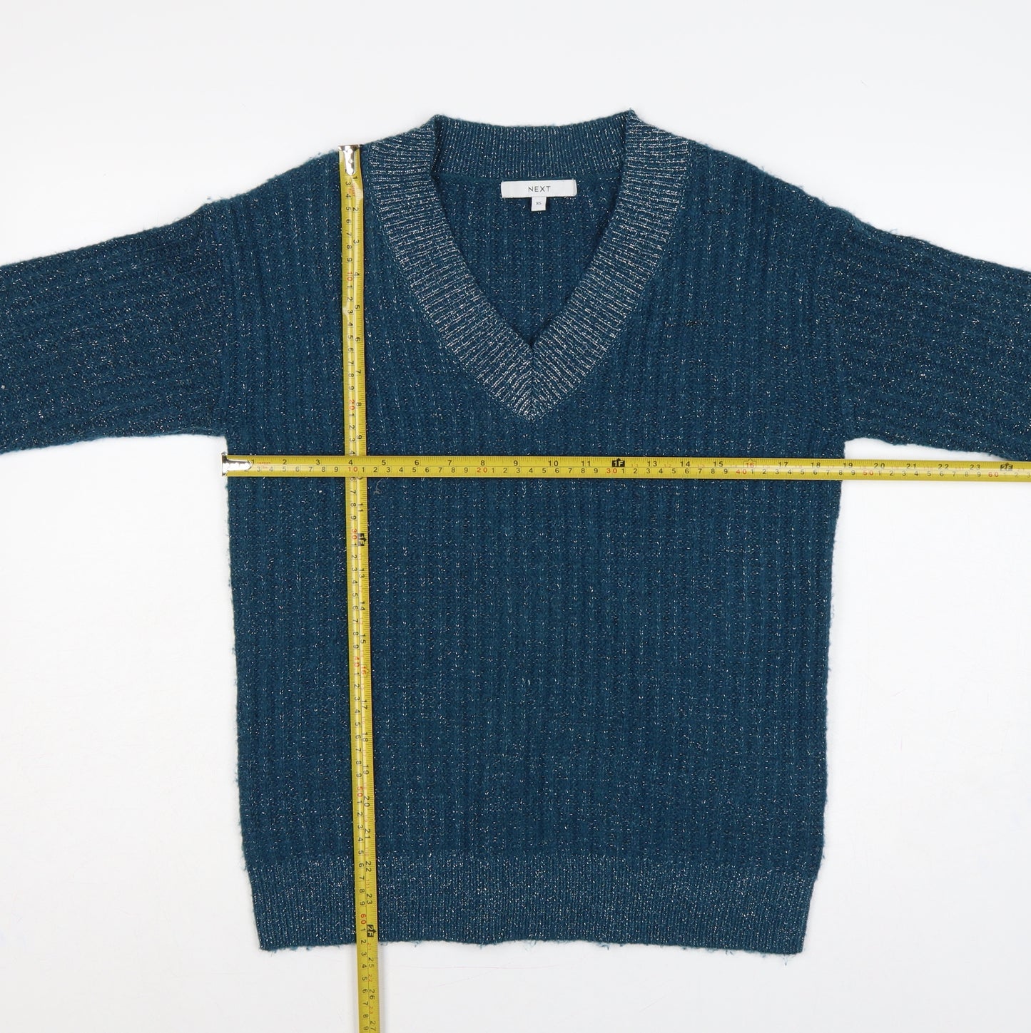 Next Women Blue XS V-Neck Metallic Knit Long Sleeve Pullover Jumper