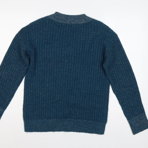 Next Women Blue XS V-Neck Metallic Knit Long Sleeve Pullover Jumper