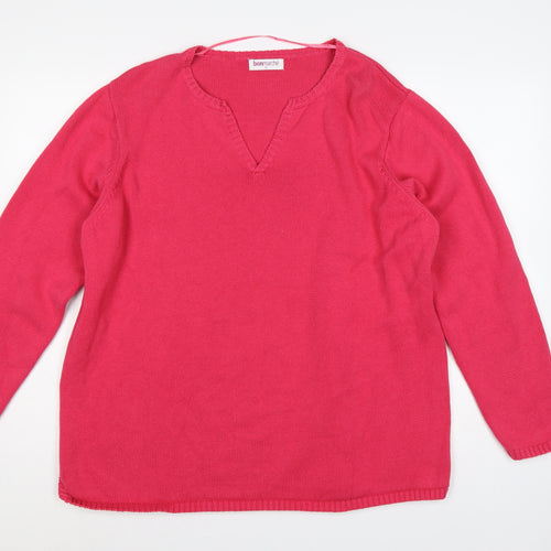 Bonmarché Women Pink XL Cotton V-Neck Raglan Knit Pullover Jumper