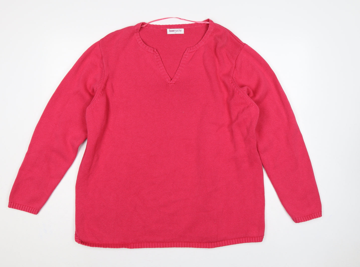 Bonmarché Women Pink XL Cotton V-Neck Raglan Knit Pullover Jumper