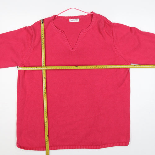 Bonmarché Women Pink XL Cotton V-Neck Raglan Knit Pullover Jumper