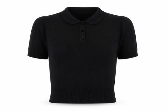 Collectif Women Black UK 12 Henley Collared Short Sleeve Knit Jumper