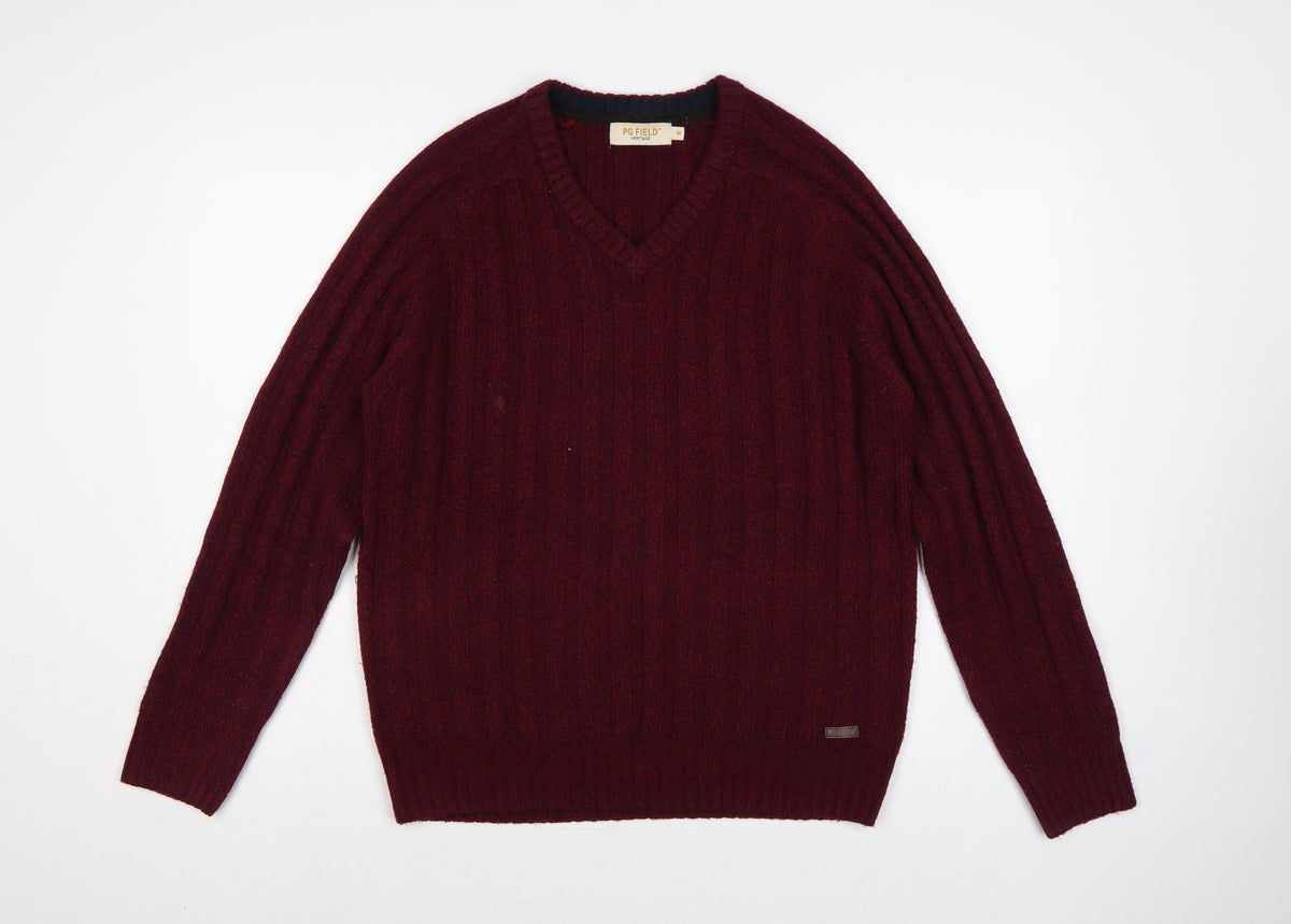 PG Field Heritage Men’s Red M V-Neck Ribbed Knit Pullover Jumper