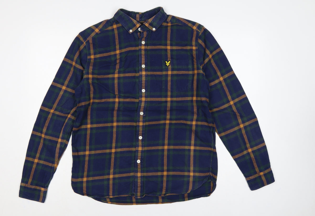 Back view of Lyle & Scott Men’s M Blue Green Plaid Button-Down Long Sleeve Shirt