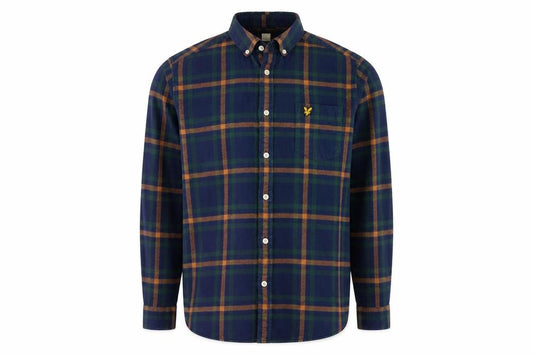 Front view of Lyle & Scott Men’s M Blue Green Plaid Button-Down Long Sleeve Shirt