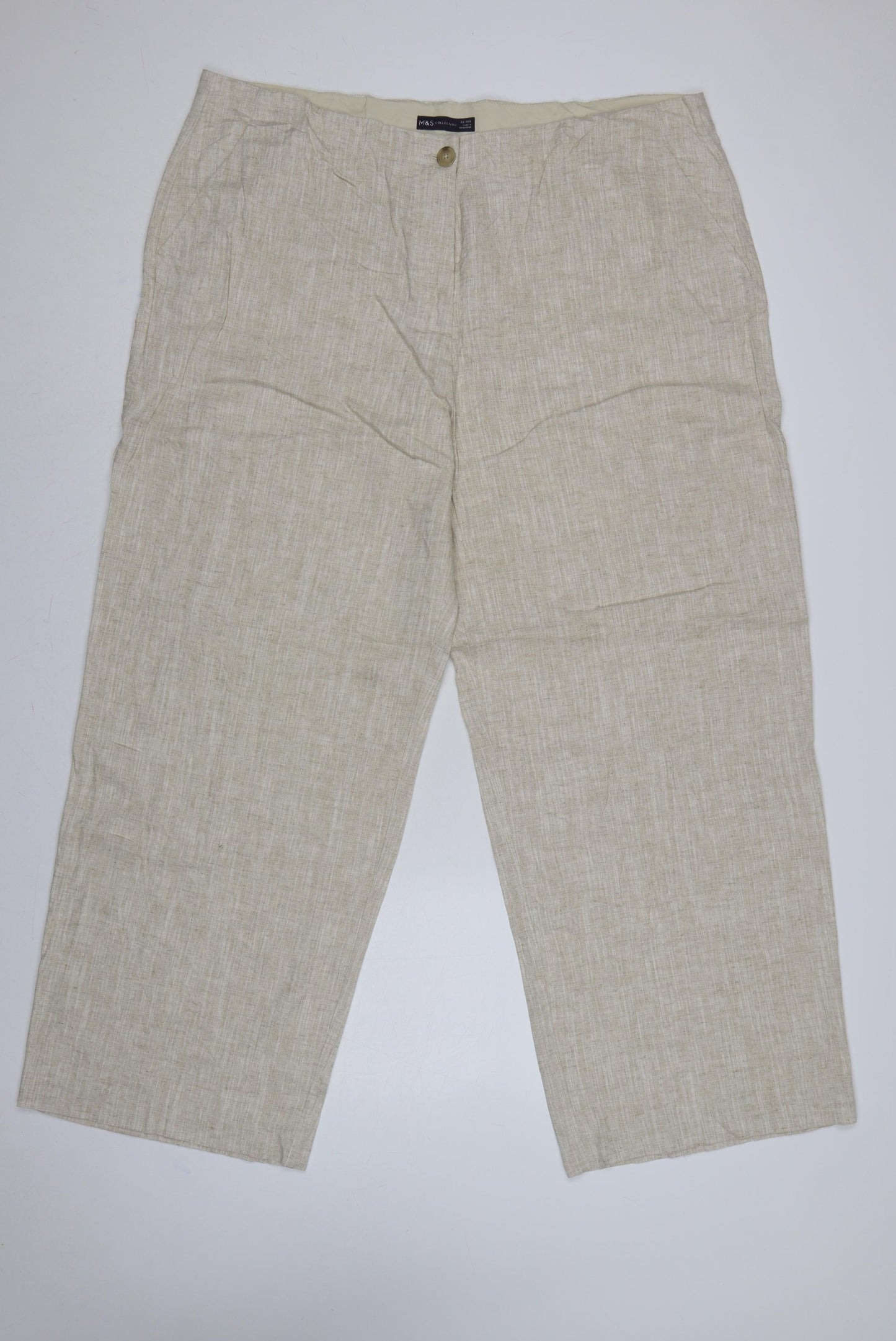 M&S Women Beige Linen Blend Straight Trousers UK 22 Regular