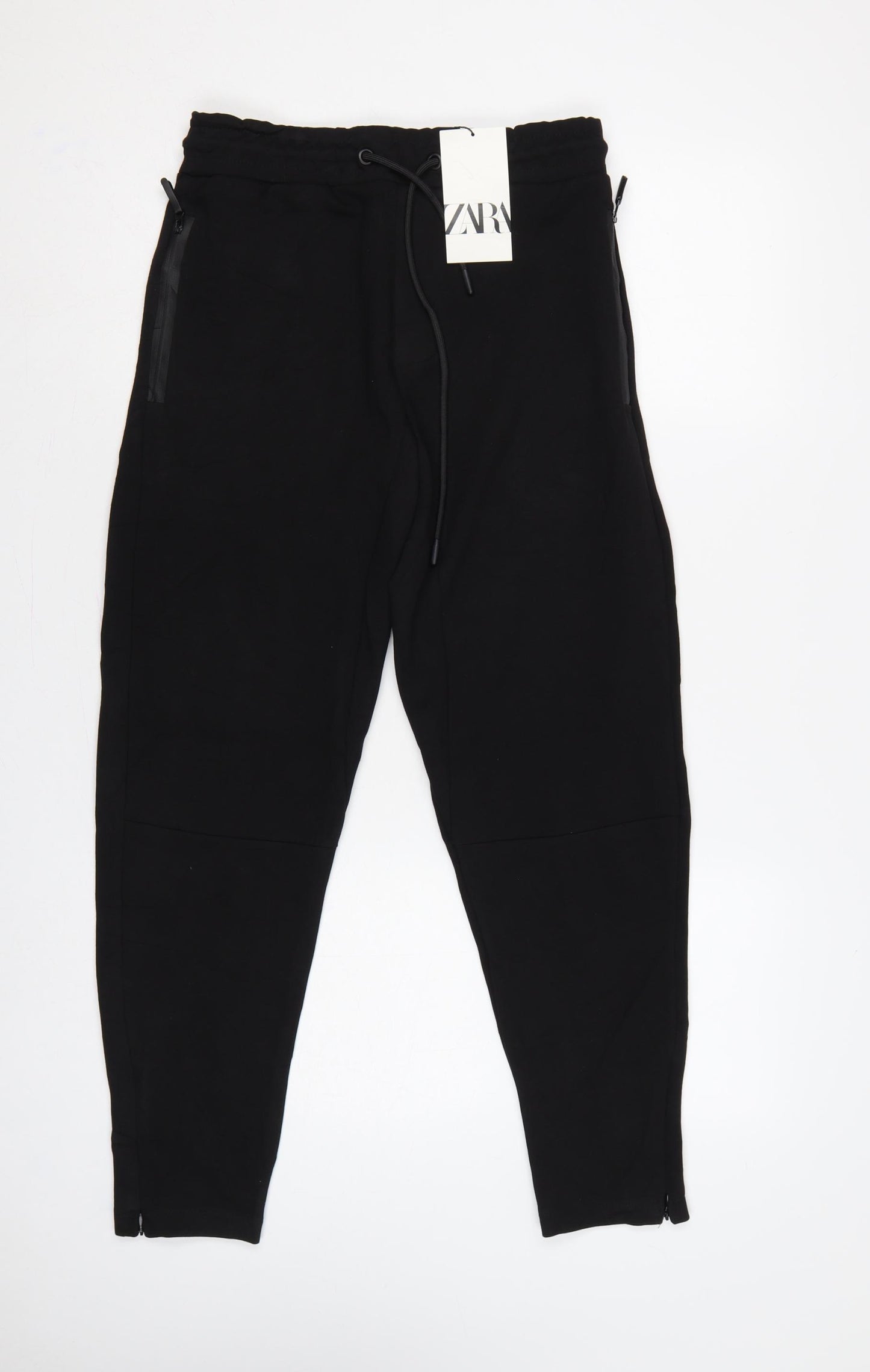 Zara Women Black Size S Tapered Jogger Trousers Zip Pockets