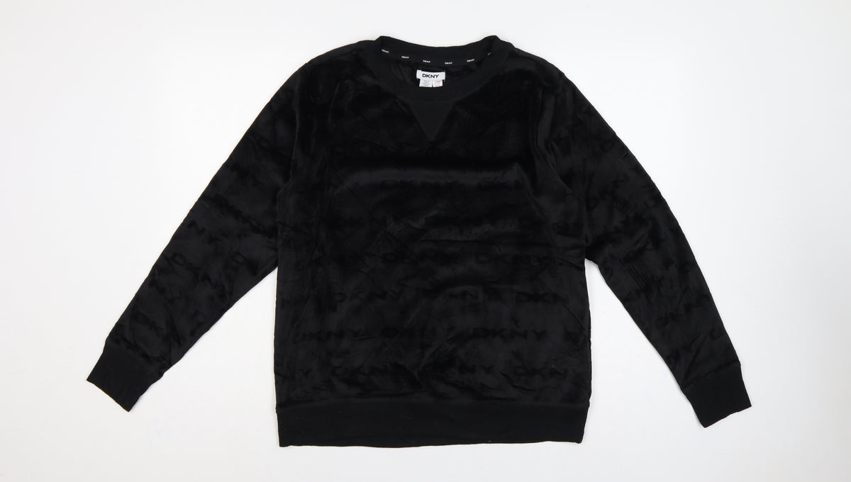 Back view of DKNY Women’s Black M Logo Velour Pullover Sweatshirt