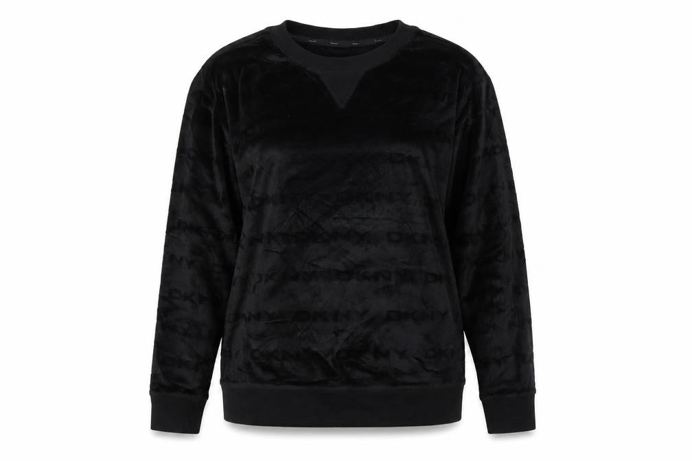 Front view of DKNY Women’s Black M Logo Velour Pullover Sweatshirt