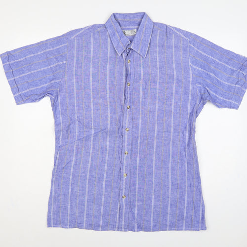 C&A Men Blue 16.5 Cotton Striped Short Sleeve Button-Up Shirt