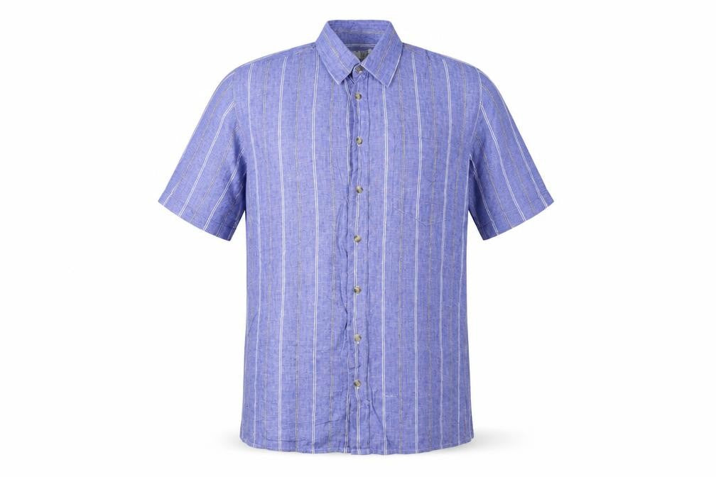 Front view of C&A Men Blue 16.5 Cotton Striped Short Sleeve Button-Up Shirt