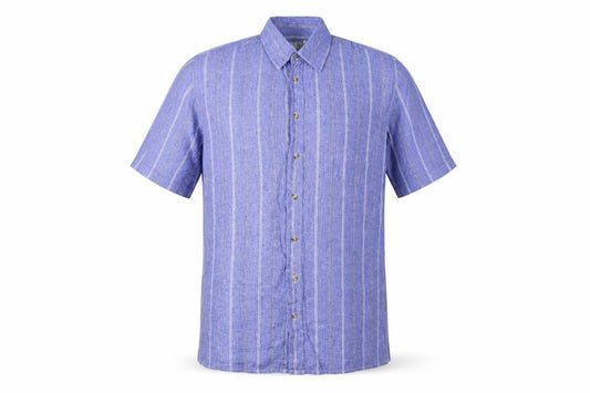 Front view of C&A Men Blue 16.5 Cotton Striped Short Sleeve Button-Up Shirt