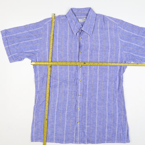 C&A Men Blue 16.5 Cotton Striped Short Sleeve Button-Up Shirt