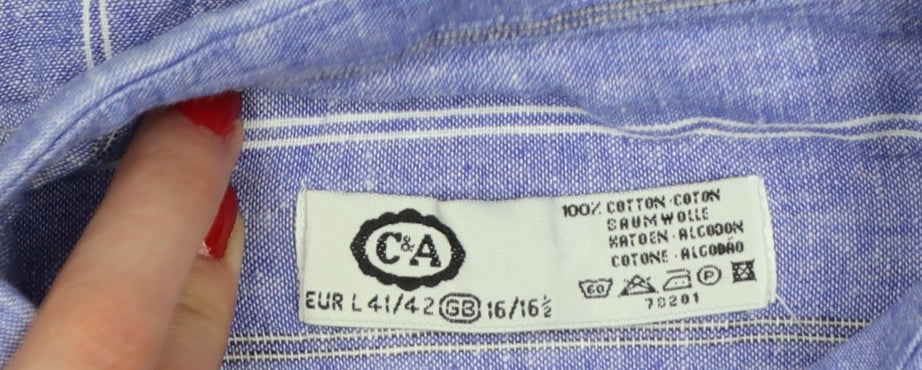 C&A Men Blue 16.5 Cotton Striped Short Sleeve Button-Up Shirt