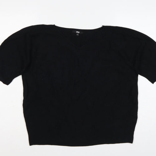 Uniqlo Women Black L V-Neck Short Sleeve Cotton Knit Pullover Jumper