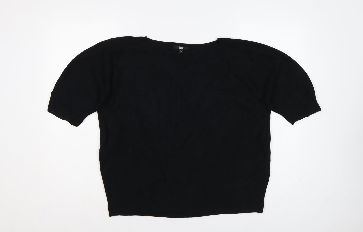 Uniqlo Women Black L V-Neck Short Sleeve Cotton Knit Pullover Jumper