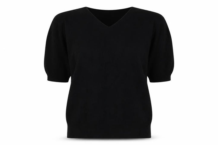 Uniqlo Women Black L V-Neck Short Sleeve Cotton Knit Pullover Jumper