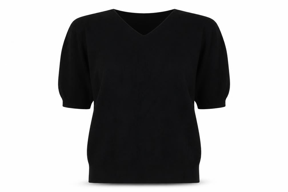 Uniqlo Women Black L V-Neck Short Sleeve Cotton Knit Pullover Jumper