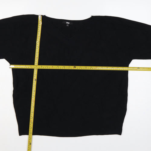 Uniqlo Women Black L V-Neck Short Sleeve Cotton Knit Pullover Jumper