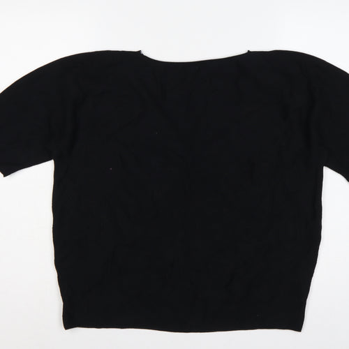 Uniqlo Women Black L V-Neck Short Sleeve Cotton Knit Pullover Jumper