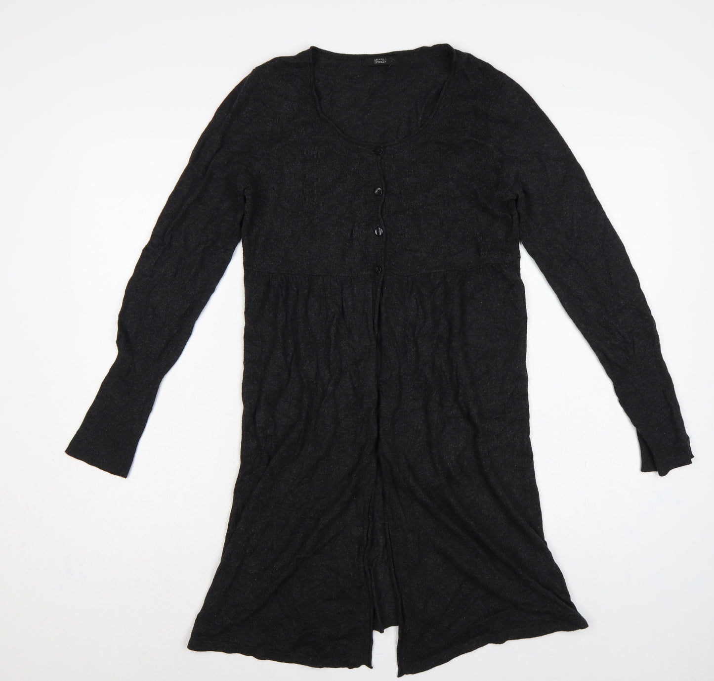 Marks and Spencer Women Black Size 10 V-Neck Longline Button Cardigan