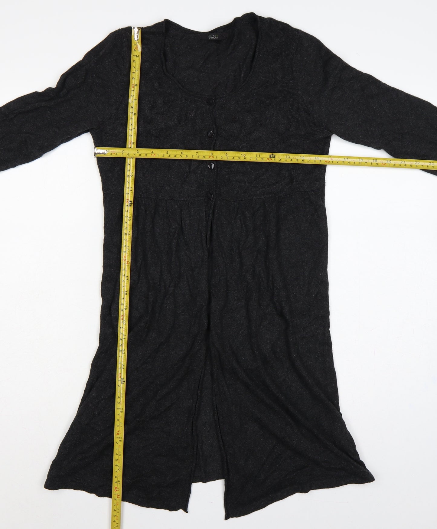 Marks and Spencer Women Black Size 10 V-Neck Longline Button Cardigan