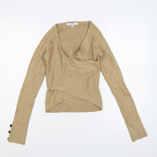 Next Women Beige S Rib Knit Wrap V-Neck Long Sleeve Jumper