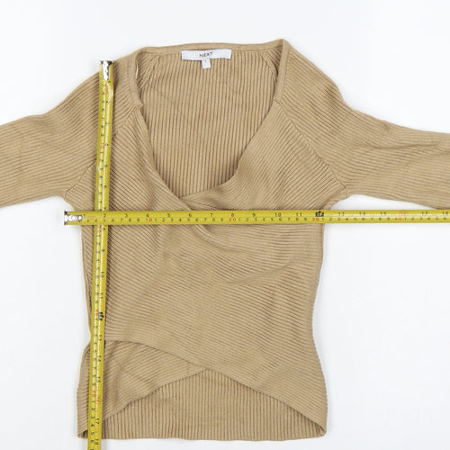 Next Women Beige S Rib Knit Wrap V-Neck Long Sleeve Jumper