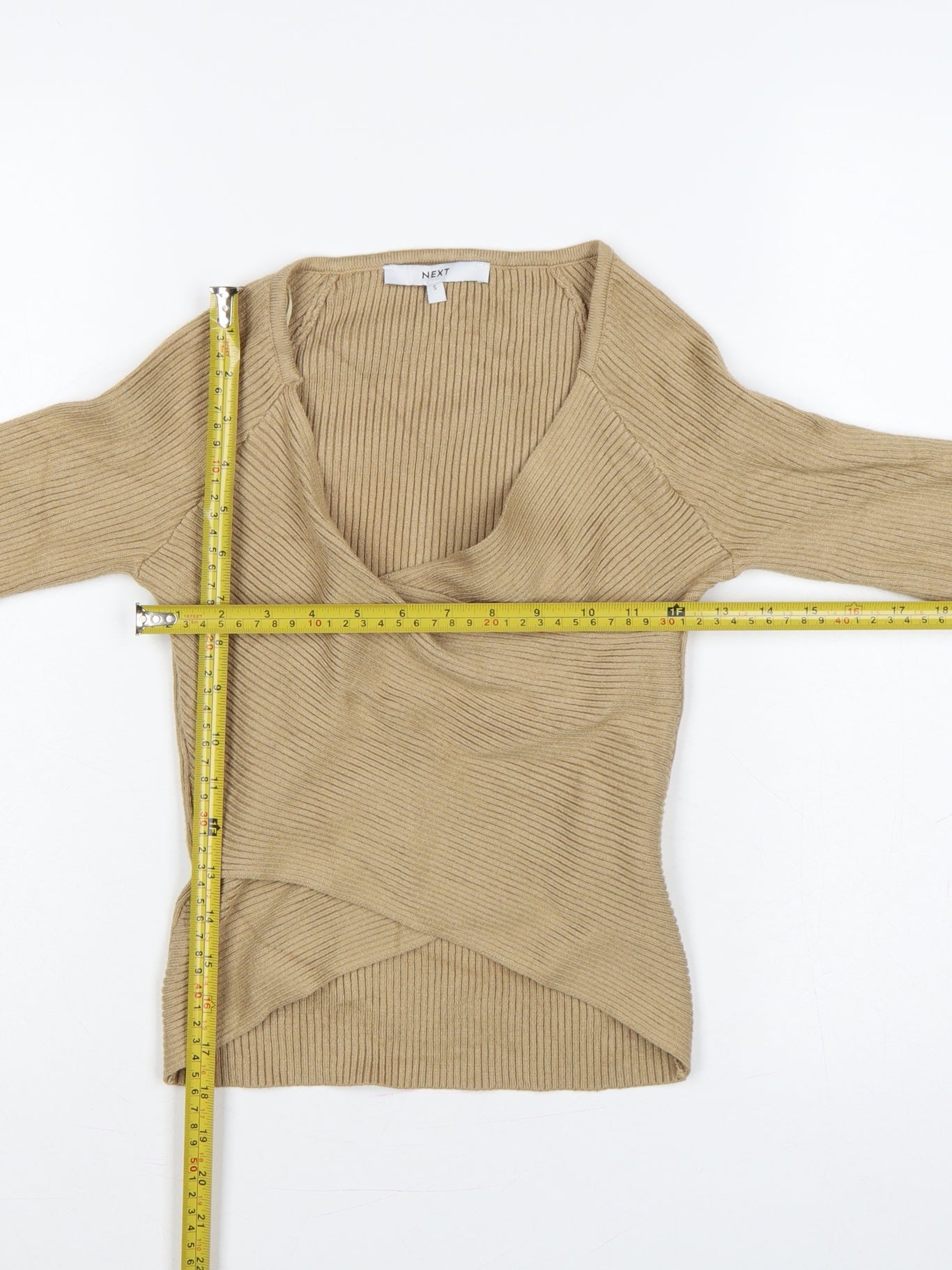 Next Women Beige S Rib Knit Wrap V-Neck Long Sleeve Jumper