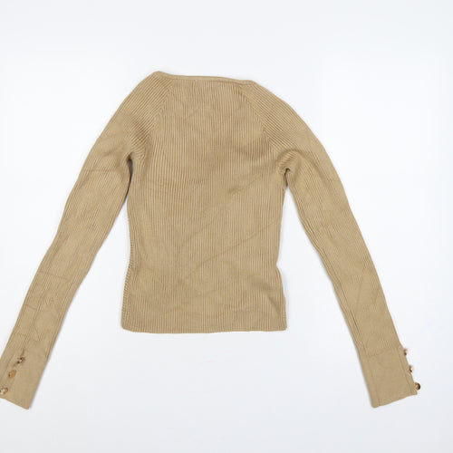 Next Women Beige S Rib Knit Wrap V-Neck Long Sleeve Jumper