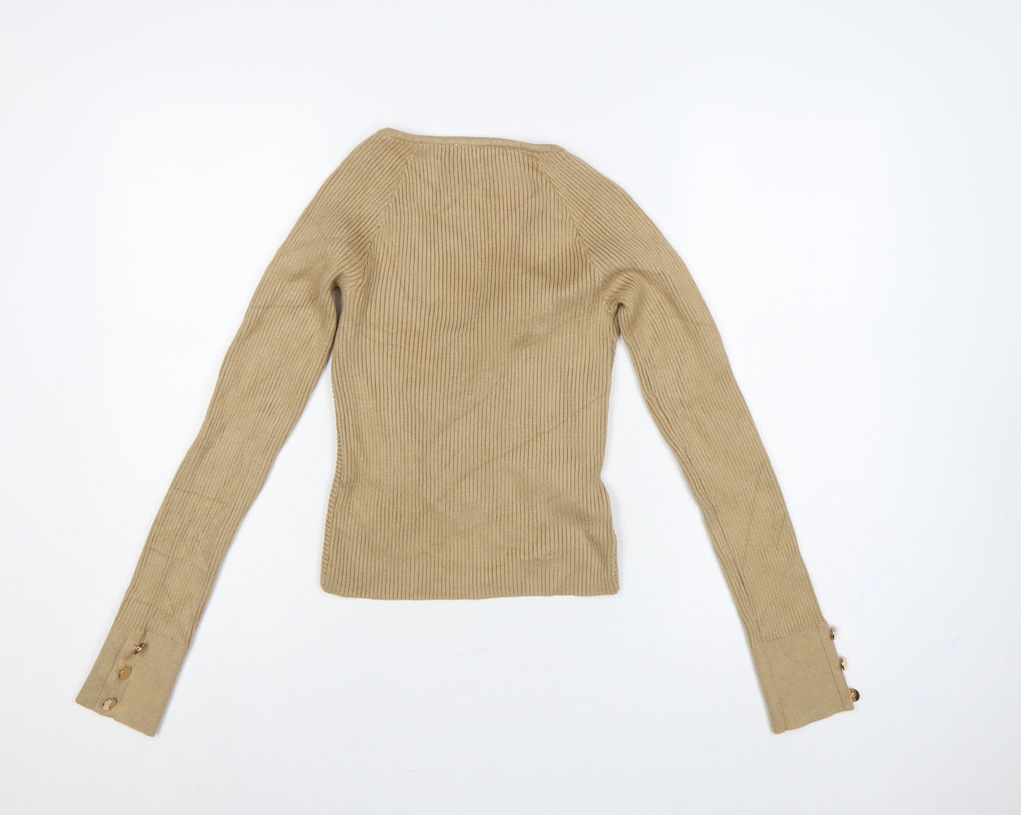 Next Women Beige S Rib Knit Wrap V-Neck Long Sleeve Jumper