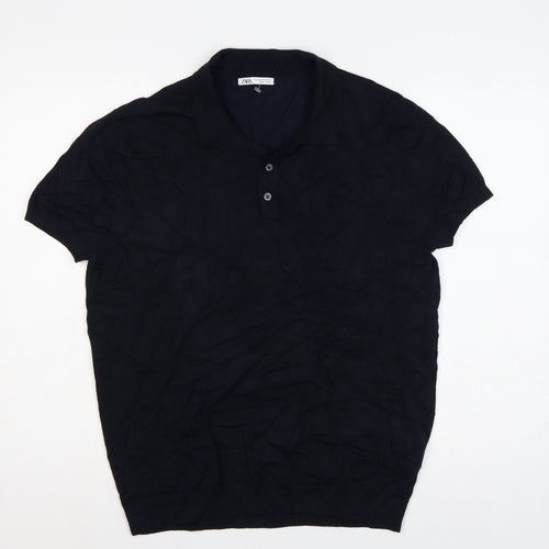 Zara Men’s Black XL Viscose Blend Short Sleeve Knit Polo Shirt