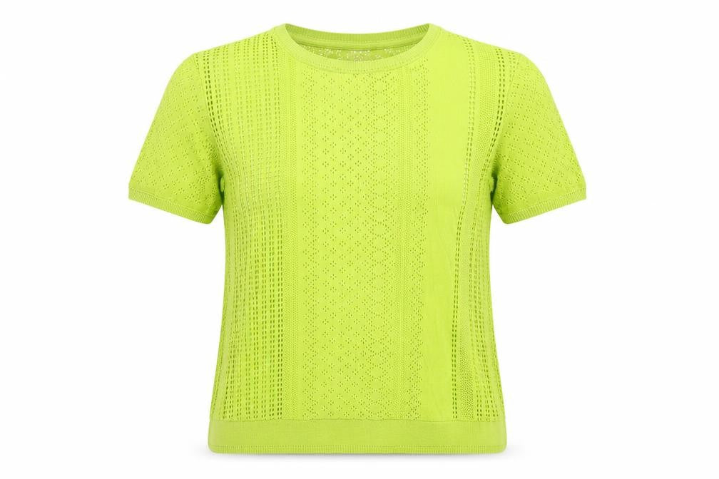 Front view of Gok for Tu Women Yellow, size 12, Open-Knit Short Sleeve jumper